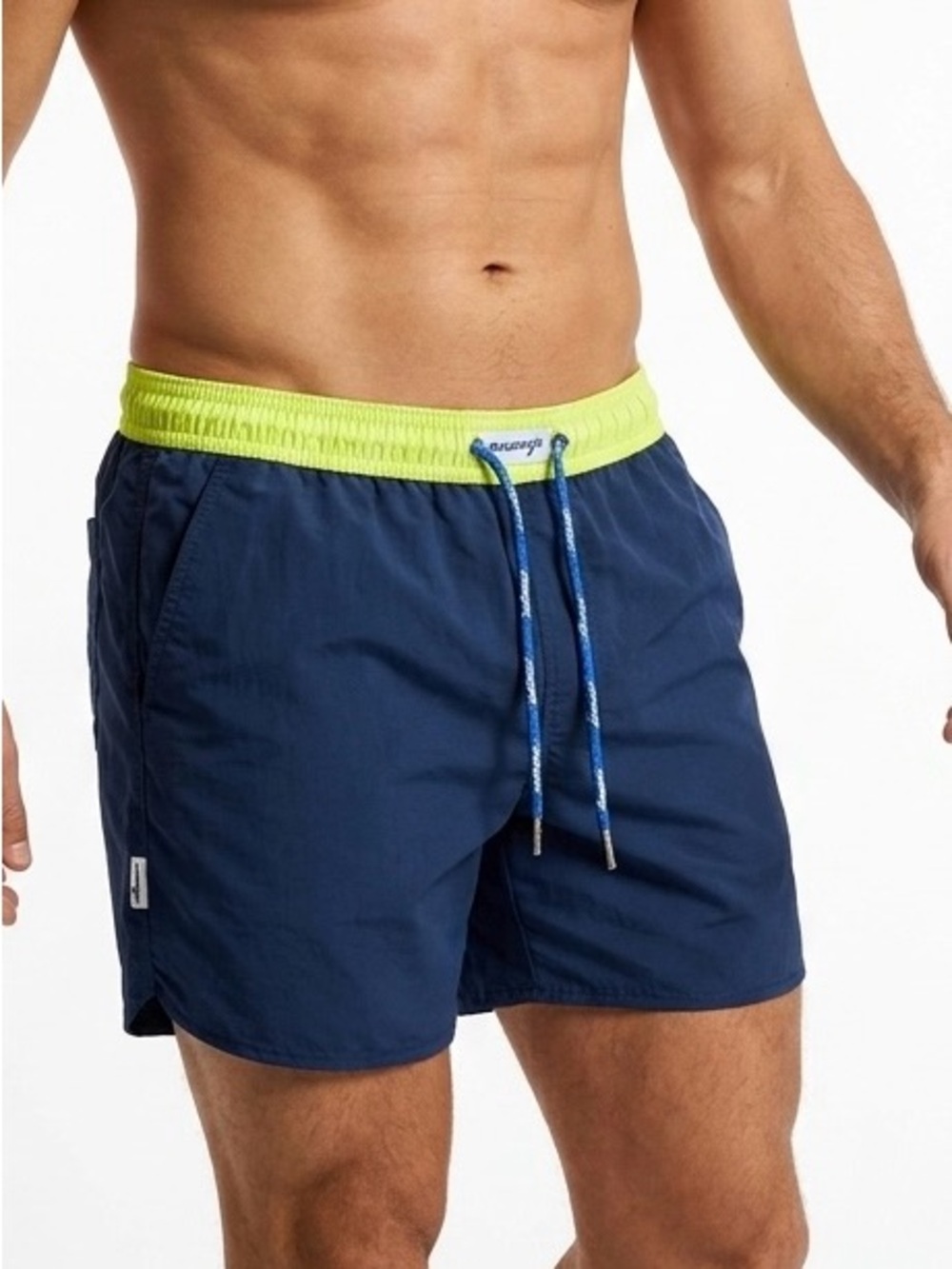Maamgic 2-in-1 Compression Swim Trunks Large Blue Neon Yellow Lined Board Shorts